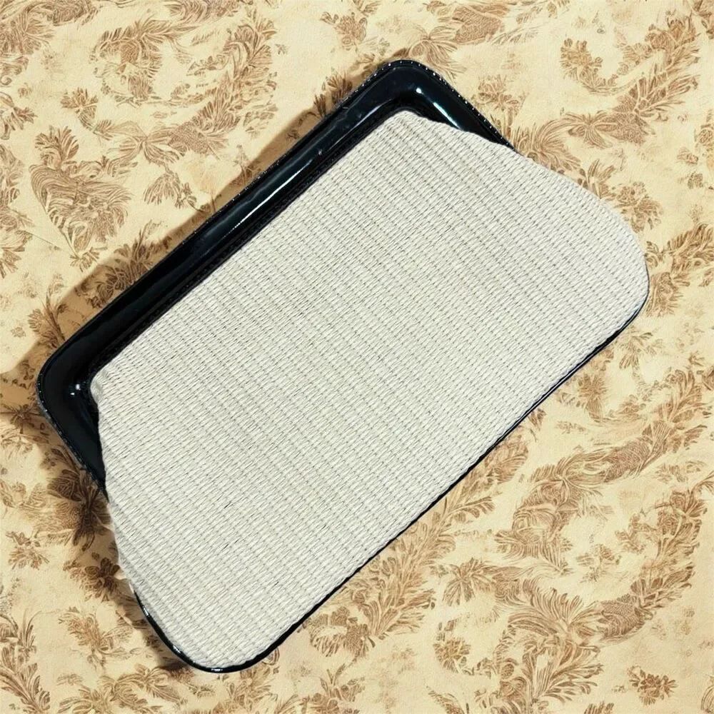 Liz Claiborne Clamshell Purse Clutch Straw Stripe Bag Tan Black Patent